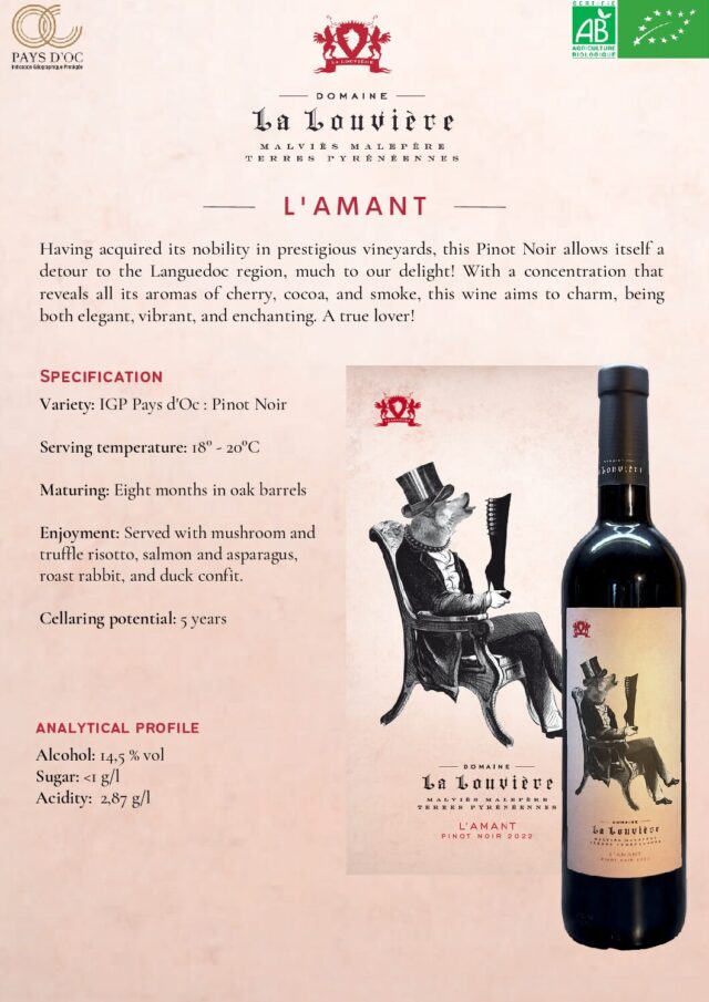 Lamant-2022-eng-pdf.jpg L'Amant IGP Pays d’Oc Rouge - Pinot Noir, Prantsusmaa, 75cl, 14,5% vol