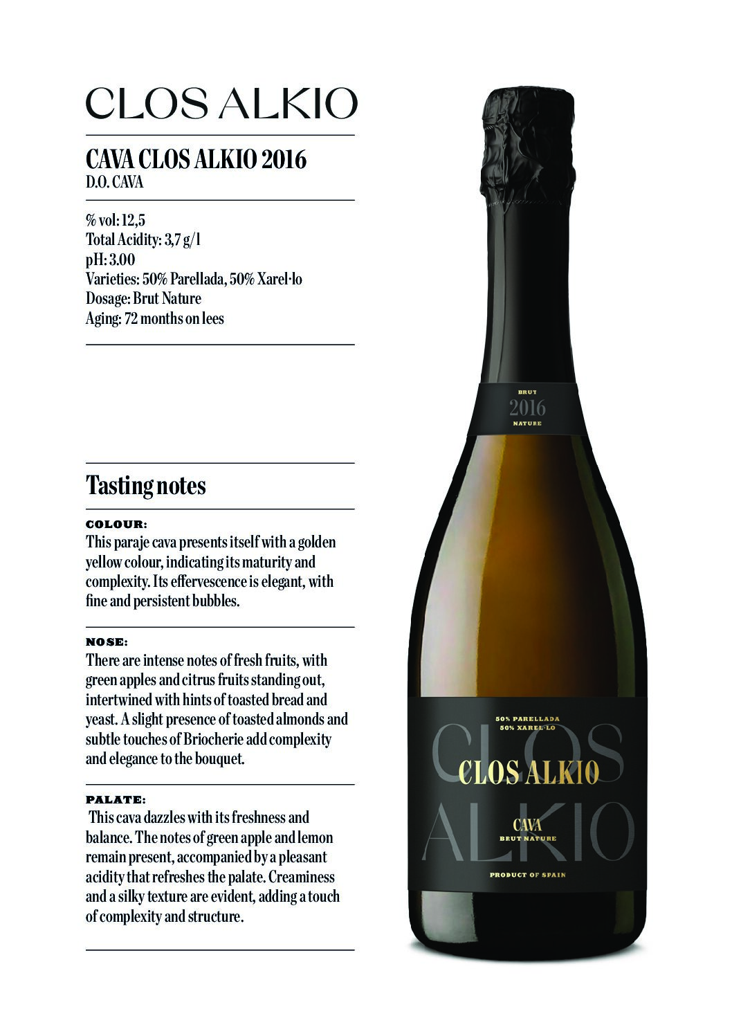 CAVA CLOS ALKIO 75cl,  DO Cava Hispaania, 12,5%, 2016